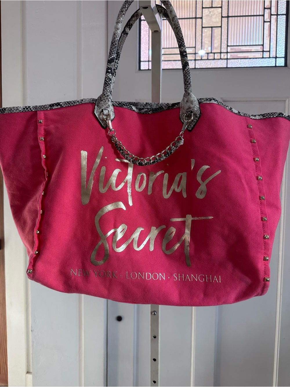 Victoria's Secret Hot Pink Tote with Gold Logo and Snakeskin Handles